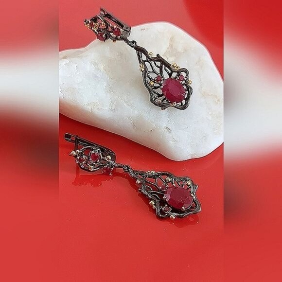 Heated Natural Red Ruby 8x6mm 925 Sterling Silver Earrings - Picture 3 of 8